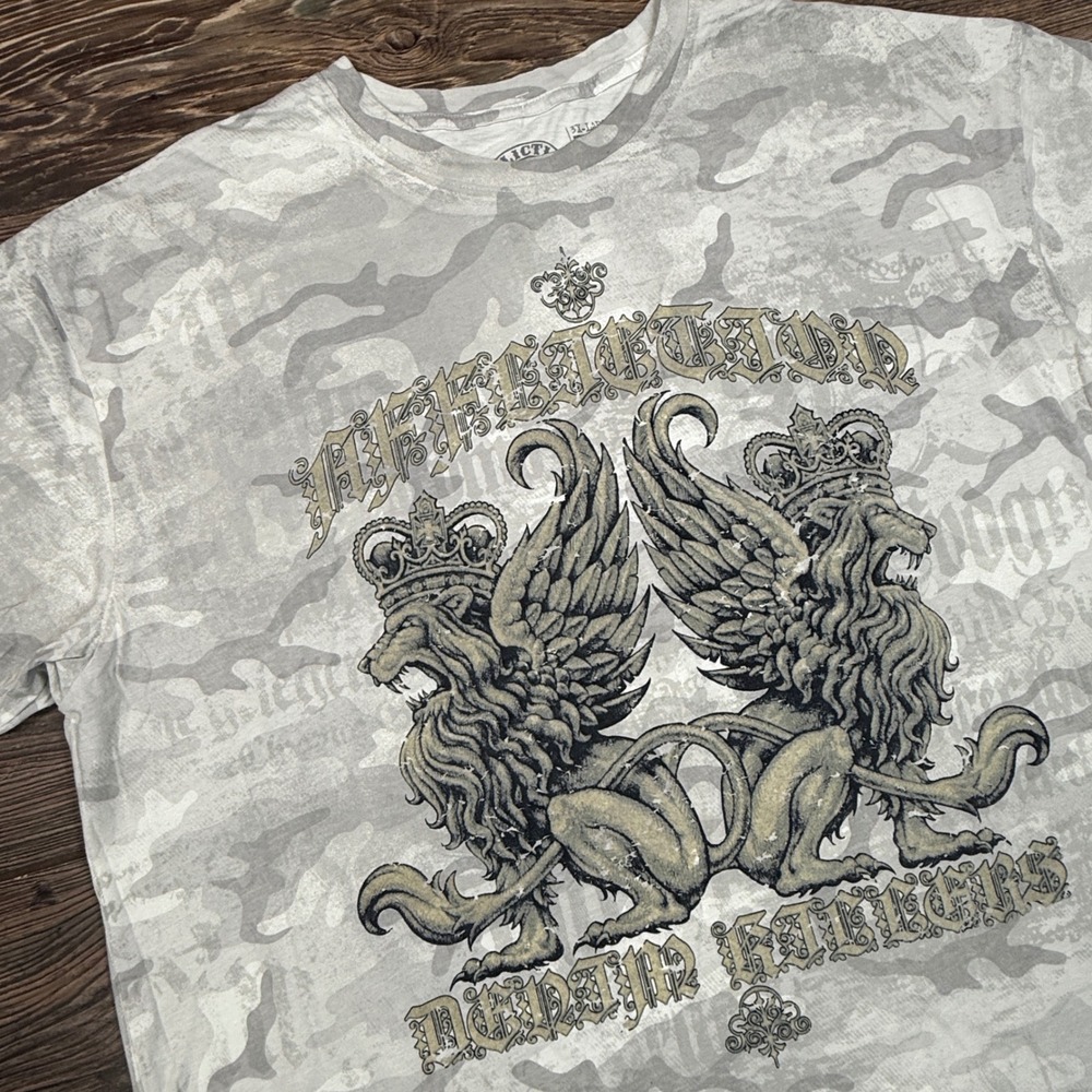 Affliction Mens Size 3X Guardian Lion Tee Grey Camo Graphic Angel Wings NEW